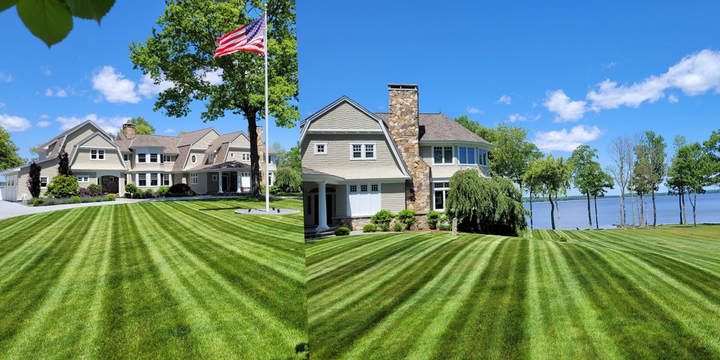 Freshly striped lawns at two waterfront homes
