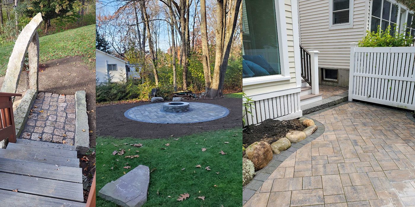 Cobblestone steps, a paver fire pit circle and a paver patio