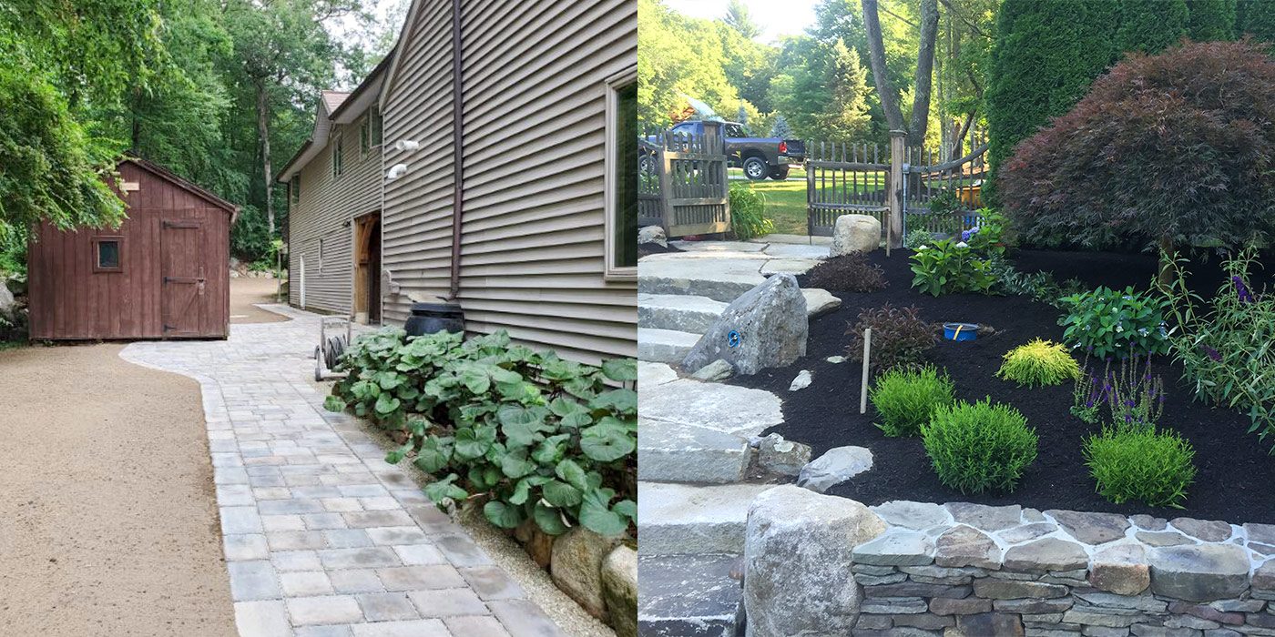Paver walkway beside a barn, and stone steps through new plantings